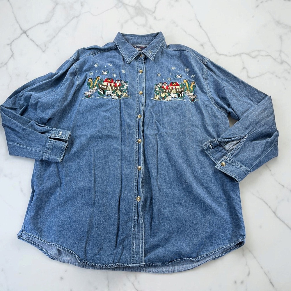 Vintage 90s Quizzical Denim Shirt L Blue Christmas Noahs Ark Festive Grandmacore - Picture 2 of 14